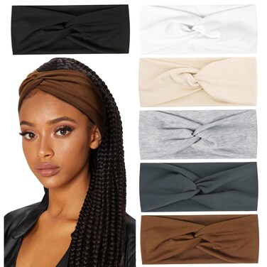 Huachi Wide Headbands for Women's Hair Fashion Turban Elastic Head Bands Non Slip Twisted Headwraps Workout Hair Accessories, 6 Pack
