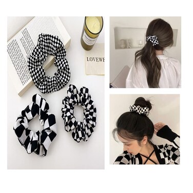 Buffalo Plaid Scrunchies Checkered Scrunchie Checkboard Elastic Hair Ties for Women Girls Checkered Accessories Black and White Scrunchies Ponytail Holders
