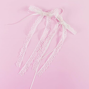Lace Hair Bow with Long Tail Coquette Bows - Elegant White Ribbon Hair Accessory Hair Ribbons for Women (A Pair)