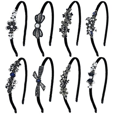 Lawie 8 Pack Rhinestone Flower Butterfly Bowknot Crown Rhinestone Jeweled Sparkly Black Metal Headbands Velvet Covered Thin Hair Bands with Teeth Non Slip Hair Clasp Holder Accessories for Women Girls