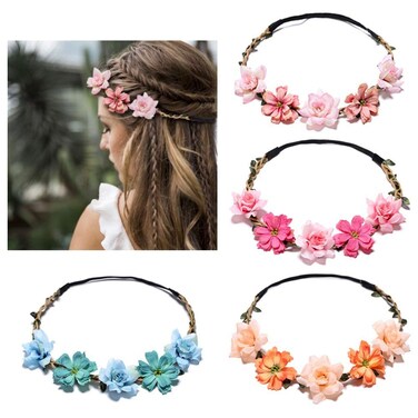Flower Crown for Women Girls, Floral Headbands Elastic Ribbon Bridal Bridesmaid Fairy Headpiece for Party Wedding Beach (4 Pack