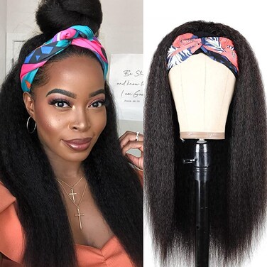 Kinky Straight Headband Wigs for Women Synthetic Headband Wig Long Yaki Straight Hair Wigs With Headband Attached 24 inch Full Machine Made None Lace Front Wig Natural Black Color