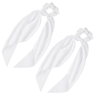 2 Pcs Knotted Bow Satin Hair Scrunchie Hair Scarf with Tail Hair Scrunchies Elastic Hair Scarf Ponytail Holder for Women and Girls (White)