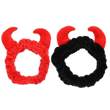 LALAFINA 2Pcs Devil Horn Headband Facial Spa Headbands Cosmetic Makeup Headband Soft Elastic Makeup Hairbands for Women Girl Washing Face Makeup (Black, Red)