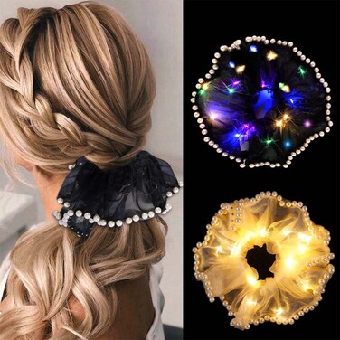 Pearl LED Scrunchies Elastic Light Up Hair Scrunchy Neon Led Glow Hair Ties Glitter Party Rave Hair Accessories for Women 2 Pcs