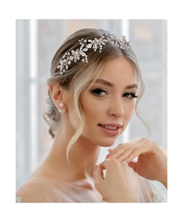 Wedding Headpiece for Bride Flower-Leaf Bridal Headband Pearl Hair Accessories for Flower Girl Bridesmaid, Silver