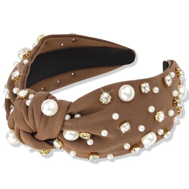 Pearl Headband Brown Knotted Rhinestone Headbands Wide Top Knot Headbands Beaded Headband Jeweled Head Bands for Women's Hair Crystal Embellished Headbands Womens Girls Hair Accessories