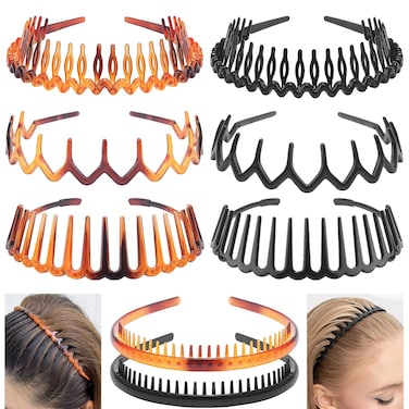 8Pcs Headbands for Women Girls Non Slip Skinny Plastic Curly Hair Bands for Men Women&rsquo;s Thin Thick Hair 90s Brown Black Zig Zag Headband with Teeth Hair Accessories Diademas Para Mujer de Moda