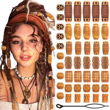 NAISKA 45 Pcs Wooden Hair Jewelry for Braids Locs Dreadlock Accessories - HAIR ACCESSORIES - Hair Clips for Women Girls Festival Hairstyle Decoration
