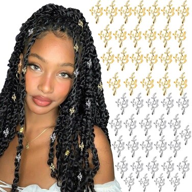 NAISKA Dreadlocks Beads, 50PCS Hair Braid Charms Gold Silver Metal Leaf Hair Clips Rings for Women Locs Accessories Jewelry