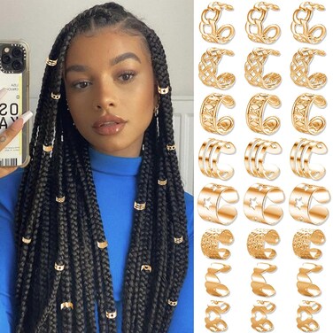 NAISKA 24PCS Hair Jewelry for Braids Metal Alloy Braid Clips, Loc Dreadlock Accessories, Hair Cuffs - Unisex Hair Accessories for Women Men - 24 Count