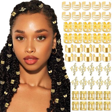 NAISKA 50Pcs Gold Hair Jewelry for Braids Metal Loc Dreadlock Accessories Adjustable Hair Rings Hair Cuff Non-Piercing Ear Cuffs Clip Jewelry for Women and Men