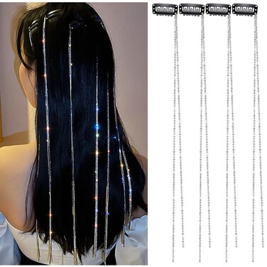Hair Chains for Women, 4 Pieces Rhinestone Tassel Silver Hair Clips, Hair Extensions Decorative Hair Clip Hairpin for Girls Nightclub Party Headwear