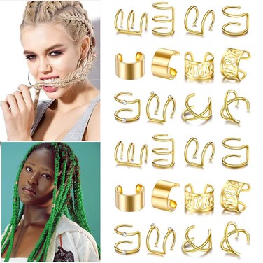 24 Pcs Gold Hair Jewelry for Braids Metal Alloy Braid Clips Rhinestone Hair Braids Dreadlock Non-Piercing Ear Clip Beard Beads for Women Men Hair Accessories Styling Jewelry Tools