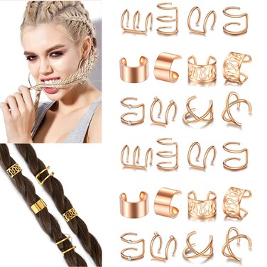 24 Pcs Rose Gold Hair Jewelry Braids with Crystal Rhinestone Dreadlock Accessories Metal Alloy Braid Clips Non-Piercing Ear Clip Beard Beads for Women Men Hair Accessories