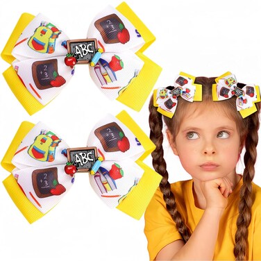 Back to School Hair Bows Blackboard Hair Clips Letter Yellow Hair Bow Clip Cute Book Bag Hairpins for Little Toddler Girls Students Kindergarten First Day of School Hair Accessories 2pcs