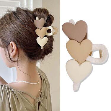 Valentines Heart Hair Claw Clips Large Khaki Hearts Hair Clips Hair Accessories for Women Girls, Elegant Matte Banana Clips Strong Hold Non Slip Hairpins Hair Clip for Thick or Thin Hair 1 Pcs