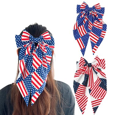 4th of July Bow Hair Clips for Women Girls, 2pcs Big Bows Independence Day Hair Accessories, USA Flag Design Long Tail Bowknot Hair Barrettes Nonslip Alligator Hair Pins Patriotic Party Decor