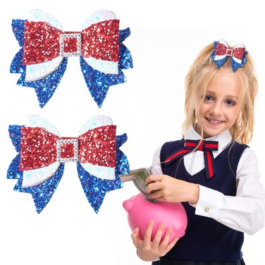 4th of July Hair Clips for Girls, 2pcs Independence Day Hair Accessories, Red White Blue Glitter Rhinestones Cute Hairpins Baby Hair Alligator Barrettes for Patriotic Party Princess Decor