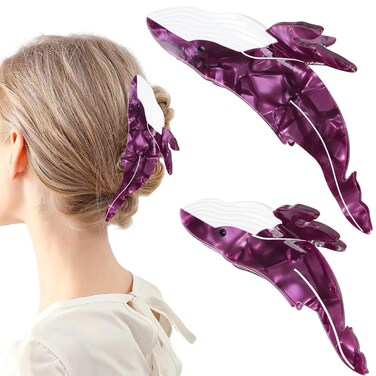 2 PCS Purple Whale Claw Clips Purple Whale Hair Clips Animal Acetate Cute Claw Clips Cute Ocean Sea Animal Hair Claw Clip Strong Hold jaw clips Big Claw Clips Acetate Hair Accessories for Women Girl