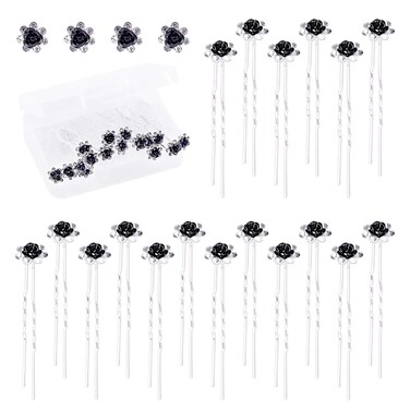 Swpeet 40Pcs Black U-Shaped Crystal Hair Pins Rose Flower Rhinestone Hair Clips Hair Accessories for Bridal Wedding Women Hair Jewelry Accessories, with Storage Bag