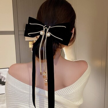 Jumwrit Big Pearl Hair Bow Clip Strong Hold Hair Barrette with Long Ribbon Tassel Soft Velvet Hair Bowknot Fashion Hair Clip for Women Girls (Black)