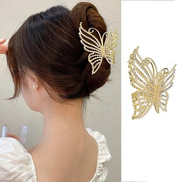 Butterfly Hair Claw Clips - Metal Gold Large Non-Slip Jaw Clamps with Luxury Rhinestone Pearl Design, Strong Hold for Thin or Thick Hair, 1Pcs