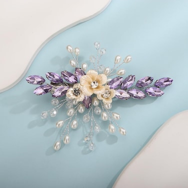 Xerling Light Purple Rhinestones Crystal Flower Hair Barrettes Clip Boho Bridal Pearl Hair Jewelry Accessories for Women Wedding Floral Headpieces (Purple A)