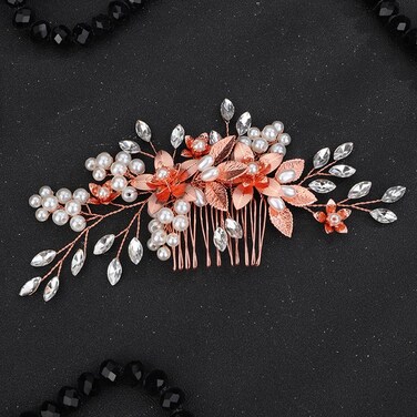 JWICOS Flower Bride Wedding Hair Comb Handmade Bridal Hair Pieces Side Comb Clips Rhinestone Hair Comb Wedding Hair Accessories for Women and Girls (Rose Gold)