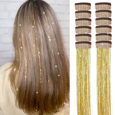 Hair Tinsel Clip in Pack of 12 Pcs Glitter Tinsel Hair Extensions 24 Inch Clip in Hair Tinsel Gold Tinsel Hair Clips Sparkly Fairy Hair Accessories for Girls Women Kids (Gold)