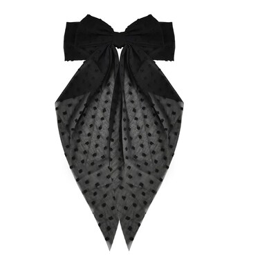 Large Bow Hair Barrettes Black Bowknot Hair Clips for Women Girls Lace Hair Bows with Long Tail Tassel Ribbon Bow-knot French Barrettes Ponytail Holder Soft Elegant Dotted Bow for Long Hair