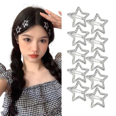 Silver Star Hair Clips Y2K Glitter Star Snap Clip Barrettes Hairpins 10 Pieces Small Metal Hair Clip Headpiece Cyber 2000s E-girl Hair Accessories for Teen Girl Women