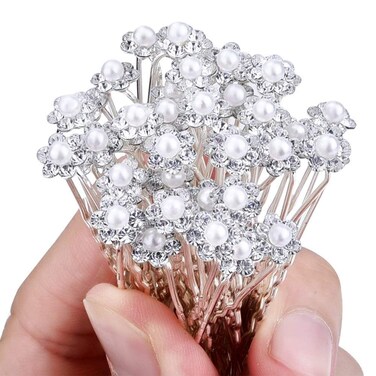 40 Pcs Hair Clips, Faux White Pearl Rhinestone Crystal Flower Hair Pins Clips, U Pins, Wedding Hair Pins Jewelry Accessories for Women and Girls