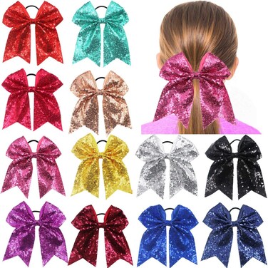 C&Eacute;LLOT 12PCS 8" Sequin Glitter Cheer Bows, Large Sparkly Cheer Hair Bows for Girls Cheerleading Team Sports, Competition Cheerleader Bows Ponytail Holder