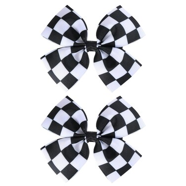 2Pc Racing Checkered Flag Hair Bow Clips 4 inch Girls Women Black White Buffalo Plaid Ribbon Pigtail Bow Barrettes Race Fan Hair Accessories Car-Themed Birthday Party Gift