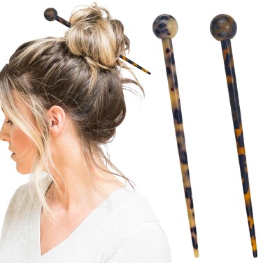 2 PACK Tortoise Shell Long Hair Sticks Bamboo Shape Hair Chopsticks Japanese Chinese Hairpin Decorative accessories for Women Girls Long Thick Hair Updo