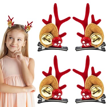 2 Pairs Christmas Hair Clip Red Hair Barrette Christmas Reindeer Hair Clip Bells Antler Pair Clip for Women Christmas Hair Accessories for Christmas Party