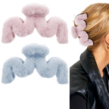 2 Pcs 5.5 Inch Fuzzy Fluffy Plush Large Hair Claw Clips Pink Blue Cute Wavy Hair Claws M-Shaped Jumbo Jaw Clips Strong Hold Hair Clips for Thick Long Curly Hair Women Girls