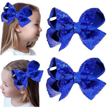 2 PCS 6 Inches Sequins Large Bows Alligator Hair Clip Hair Barrettes Accessories for Women Teens Girls Kids (Royal Blue)