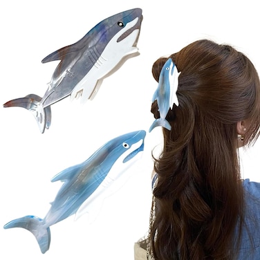 2 PCS Blue Shark Cellulose Acetate Hair Claw Clips Whale Shark Hair Clips Cute Big White Shark Hair Clips for Women Girls Thick Thin Hair Ocean Sea Animal Hair Accessories Claw Clips