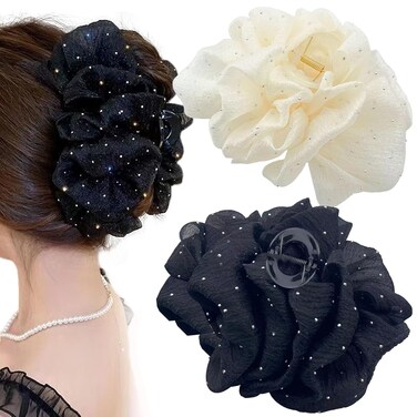2 PCS Chiffon Silk Hair Clip with Rhinestone, Large Hair Claw Clips Bows Hair Clips Barrette Hair Accessories for Women Girls