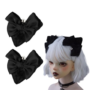 2 Pcs Halloween Gothic Lolita Hair Clips Black Bow Plush Cat Ear Hairpins Hair Barrettes for Women Girls Hair Accessories Cosplay Halloween Party Tea Party