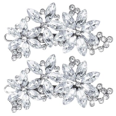 2 Pcs Rhinestone Hair Clips Silver Bride Wedding Hair Barrettes Crystal Flower Hair Accessories French Rhinestone Star Bridal Hairpins Hair Decorative for Women Girls Prom Jewelry Long Thick Ha