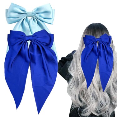 Blue Hair Bows,2 PCS Satin Hair Bows Clip Big Blue Bow for Women Hair Ribbons Long Tail Hair Bow Hair Barrettes for Wedding Prom Party Charm (Light Blue,Royal Blue)