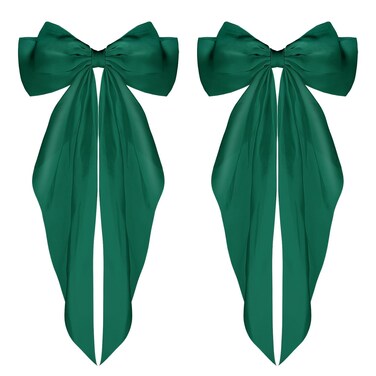 WLLHYF Big Bow Barrettes 2 Pieces Soft Silky Satin Hair Clip Long Tail French Ribbon Hair Pins Metal Bowknot Clips 90's Accessories for Party Women Girl (Green+Green)