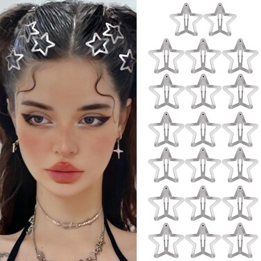 20 PCS Star Snap Hair Clips Silver Y2K 2000s Hair Accessories Non Slip Star Clips for Girls Women Star Hair Clip,1.22IN