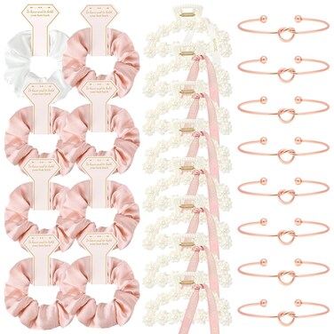 DEEKA 24 Pcs Bridesmaid Gifts Set Pearl Hair Claw Clips &amp; Tie the Knot Bridesmaid Bracelet &amp; Satin Scrunchies Proposal Gift Box Bridal Party Gift Bachelorette Party Favors (White&amp;Dusty Rose)