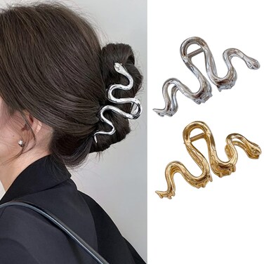 AIUPUOC Large Metal Silver Snake Accessories: Elegant Thick Hair Clips, Barrettes, Banana Hairpins for Women &amp; Girls - 2Pcs