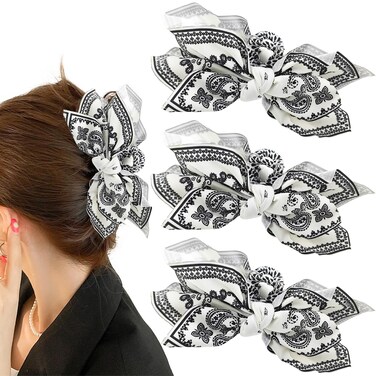 3 PACK Boho Hair Claw Clips for Women, With Cashew Flower Pattern Geometric Hair Clips, for Thick Hair Paisley Hair Clip Bow Knot Adorable Hair Claws Non-slip Fashion Hair Accessories