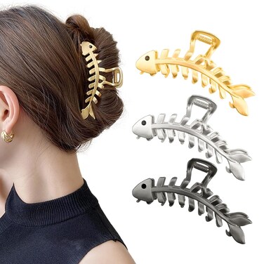3 PACK Large Metal Hair Claw Clips Fish Bone Shape Hairpin Tail Hair Clamps Nonslip Hair Accessories for Thick and Thin Hair Styling